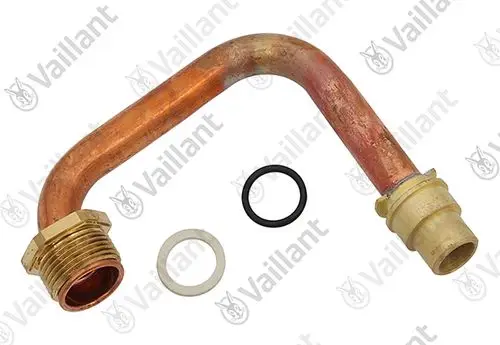 Vaillant Rohr mit einer Kupferlegierung, gebogen, mit gewinde- und klemmbaren Anschlüssen sowie zwei Dichtungsringen in schwarz und weiß.